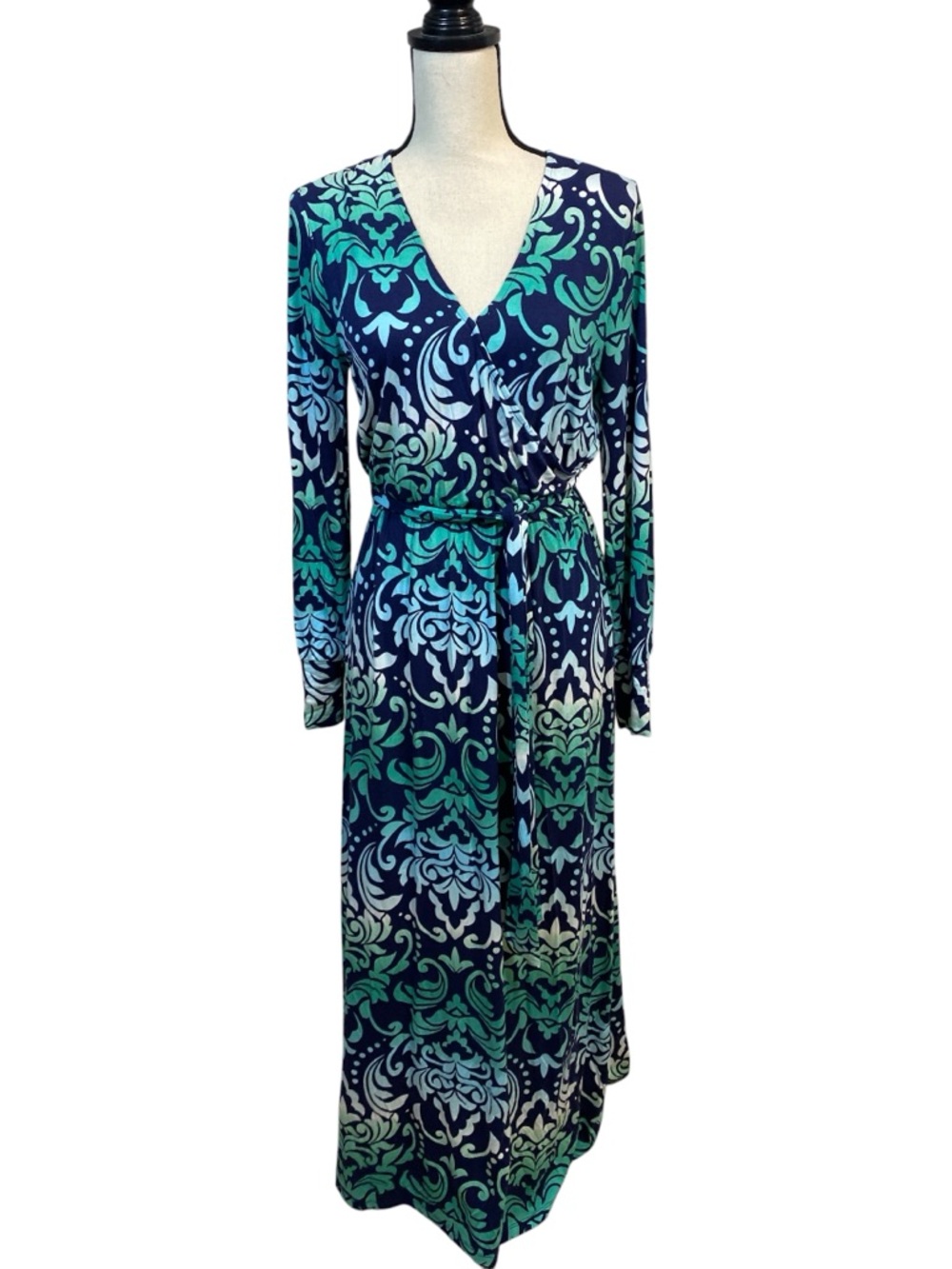Colleen Lopez Blue Green Scroll Knit Crossover Maxi Dress M